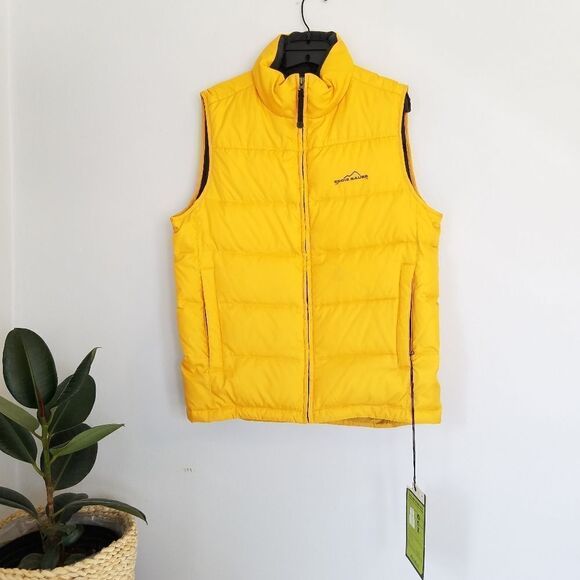 NWT Eddie Bauer Yellow Premium Goose Down Packable 550 Fill Puffer Travel Vest - Picture 1 of 13